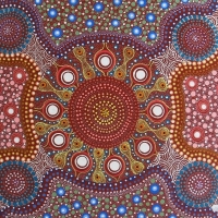 Large framed ABORIGINAL Oil painting - WOMEN & BUSH TUCKER - Unsigned, some details on label verso - 61x91cm - Sold for $61 - 2014