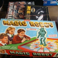 2 x Box lot of books and board games - inc Magic Robot game, childrens annuals, art reference etc - Sold for $49