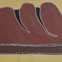 Large Australian Aboriginal oil painting - Untitled - original Ochre ink stamps to back and numbered in texta to stretcher, approx 71 x 1065cm - Sold for $110 2014