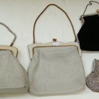 4 x ladies vintage evening bags inc, 2 x OROTON cream mesh, black velvet with faux pearl clasp, & a small rhinestone covered bag - Sold for $21