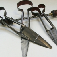 Group lot vintage tools - 3 x hand shears inc Ward Sheffield & Archimedes drill with wooden handle - Sold for $55