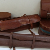 Group lot - Vintage leather items inc, collar boxes, document rolls, etc - Sold for $18