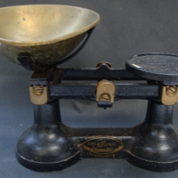 Cast iron Scale with brass pan - The Viking by F J Thornton & Co Wolverhampton with set of octagonal weights in box - Sold for $61 - 2014