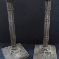Pair Victorian silverplated Corinthian column candle sticks by Roberts and Belk Sheffield - Sold for $146 - 2014
