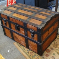 Continental Baltic pine DOMED SEA CHEST with wooden & metal banding & ornate detailing - Sold for $73 - 2014