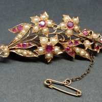 vintage 9ct rose gold Brooch - large floral spray set with 18 Rubies  & 31 pearls - TW 109 grms - Sold for $220 2014