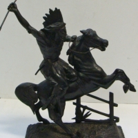 c1920/30's SPELTER Figure - NATIVE AMERICAN INDIAN WARRIOR Riding Horse - No Marks sighted, 43cm H - Sold for $207 2014