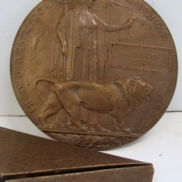 Post WWI bronze Memorial Plaque or Dead Man's Penny in original box with accompanying letter from King George - Sold for $390 2014