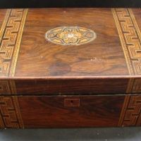 Victorian sewing box - inlaid medallion with intricate wooden, mother of pearl and metal inlaid design, parquetry decoration & rosewood veneer - Sold for $122 2014