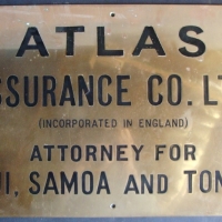 Large Brass Agency sign for the Atlas Assurance Co Attorney for Fiji, Samoa and Tonga - 53cm wide, circa 1950 - Sold for $134 2014