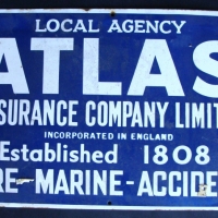 Enamel sign for Atlas Assurance Fire Marine Accident - 1920's, 43cm wide - small chips around mounting holes - 46cm wide - Sold for $122 2014