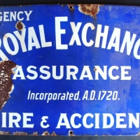 Enamel sign for Royal Exchange Assurance Fire and Accident with damaged edge - 53cm wide - Sold for $110 2014