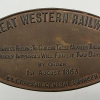 Novelty GREAT WESTERN RAILWAY oval  brass plaque with raised text - Approx 14cm L - Sold for $61 2014