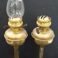 Pair - Brass Twin Burner Victorian OIL LAMPS - One w Clear glass Chimney - Sold for $37