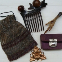 Group of  items inc - beaded purse, grouse foot brooch, suede stamp wallet, comb etc - Sold for $49