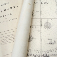 Group lot (approx 10x) cloth backed reproduction maps from the series 'Facsimiles of old charts of Australia' in the British museum 1885 - Sold for $73 2014