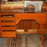 1950's SEWING MACHINE  in Stylish Shaped Blondewood Desk - Grey & White enamelled NECCHI Sewing Machine - Sold for $61 2014