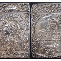 Decorative Sterling Silver card case - heavily embossed double sided  - lady wearing headdress & ancient Egyptian ruins - hallmarked Birmingham 1920 - Sold for $634 - 2014