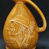 Unusual HOFFMAN Australian Pottery decanter - Raised 'OLD SUNDOWNER' Image & Text, no marks sighted, Tan coloured glaze - 20cm H - Sold for $85 - 2014
