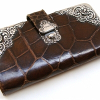 1920's leather and Sterling silver purse with embossed c scrolls and alligator pattern leather - Sold for $110 - 2014