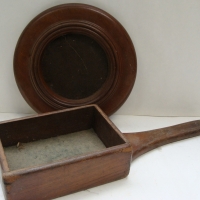 2 x c1890  wooden Church tithing (donation) trays - large deep oblong shaped with long handle & round tray with velvet bottom (Ex-Collection of Bill  - Sold for $49 - 2014