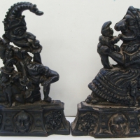 Pair fab heavy cast iron chimney ornaments - Punch and Judy - Sold for $256 - 2014