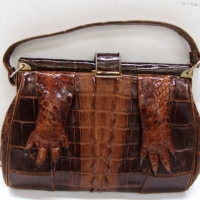 Ladies 1930's  crocodile skin handbag - croc.  legstoes to front of bag, coin purse inside - Sold for $30 - 2014