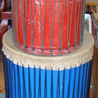 2 x Large drums with leather skins - Red & Blue bodies - Sold for $61 - 2014