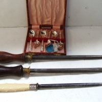 4 x items - 3 vintage knife steels inc. knife with silver and cellulite handle & unused box set of ANGORA  epns tea spoons - Sold for $30 - 2014