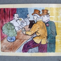 Box lot approx 12 tiles with painted image of gentleman at the bar, signed by the artist - Sold for $73 - 2014