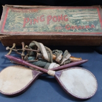 Boxed Victorian era Table tennis set - Ping Pong with leather drum style paddles - Sold for $98 - 2014