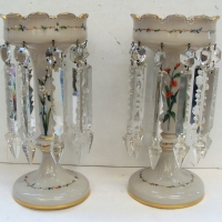 Pair of Victorian Lustre vases in milk glass with hand enameled floral decoration - Sold for $281 - 2014
