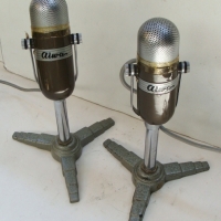 Pair of Aiwa stereo desk MICROPHONES - both on three footed heavy bases - Sold for $122 - 2014