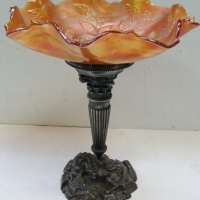 c1910 Marigold carnival glass bowl with holly pattern  mounted on a silver pedestal with lion - Sold for $79 - 2014