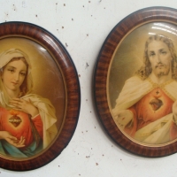 2 x Vintage religious prints in oval convex glass frames - Jesus and Mary - Sold for $98 - 2014