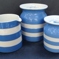 3 x pieces blue T G Green Cornish ware - 2 x jars and jug - Sold for $37 - 2014