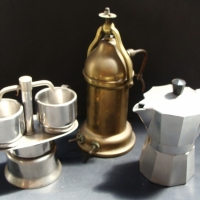 Group of coffee percolators including , vintage brass electrical coffee percolator with clamp seal top circa 1930s and stainless demitasse maker etc - Sold for $85 - 2014