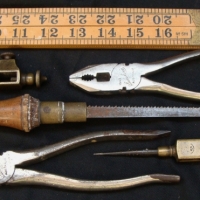 Grp lot tools inc 2 x EDWARD PRESTON adjustable brass Trammels, pliers, needle saw & ruler - Sold for $61 - 2014