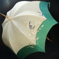 1940/50's green and white silk embroidered parasol with carved wooden handle and tassel - Sold for $49 - 2014