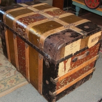 c1900 banded immigration trunk made of wood tinplated steel and iron - Sold for $122 - 2014