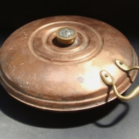 c1900 copper and brass bed warmer marked important fill full - Sold for $37 - 2014