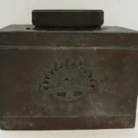 Australian Trench  art container with early Rising Sun badge  - lid marked T French Birmingham 1940 - Sold for $195 - 2014