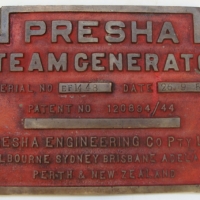 Brass foundry plate marked Presha Steam Generator - dated 26951 - Sold for $61 - 2014