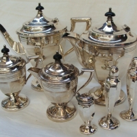 Group lot -  Australian  Art Deco tea and coffee set  and salt and peppers by Perfection silver plate - Sold for $98 - 2014
