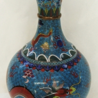 Large Vintage Chinese cloisonne vase on brass with flying five toed dragons chasing an orb through the sky - Sold for $329 - 2014