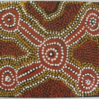 Unframed LINDA NAPALTJARRI Dot Painting - MENS CEREMONY - Unsigned, all details verso - 28x355cm - Sold for $37 - 2014