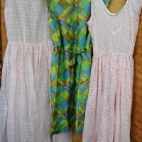 3 x ladies dresses inc 1960's green & orange silk sleeveless a line dress, red & white 1950's cotton summer dress & 1940's soft pink anglaise  - Sold for $67 - 2014