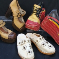 3 x pairs  1970's shoes incl brown platform lady Janes & clogs decorated with press studs - Sold for $30 - 2014