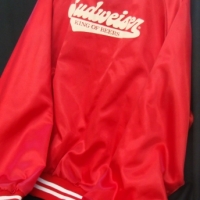 Vintage Bright Red Satin BUDWEISER 'KING OF BEERS' RingerBomber Jacket - Original Label, Medium size - Sold for $37 - 2014