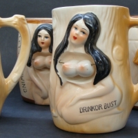 Group lot vintage ceramic novelty mugs inc 3 with swinging boobies & 1 bottom - Sold for $37 - 2014